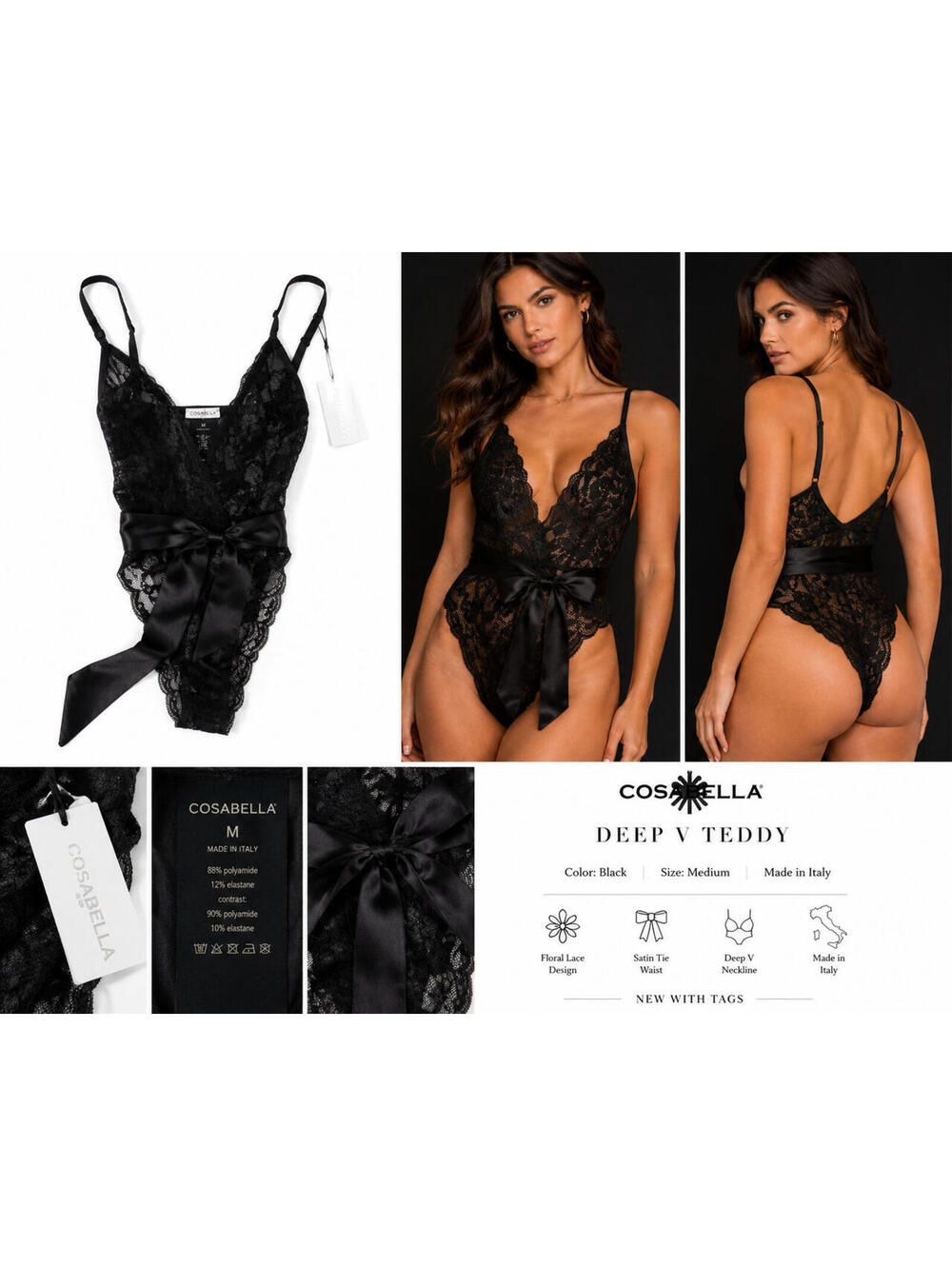 Cosabella Deep V Teddy Black Lace Lingerie Bodysuit Medium M NWT Made Italy
